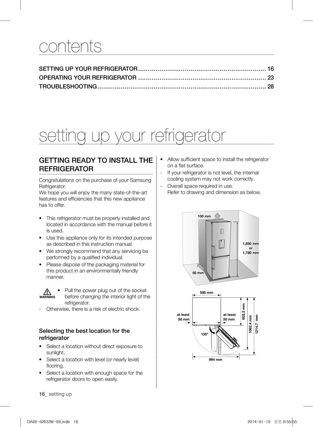 Samsung RB33J3215SS/EF, RB30J3215SA/EF, RB31FSRNDSA/EF, RB31FEJNDWW/EF, RB31FEJNDSS/EF Contents, Setting up your refrigerator 