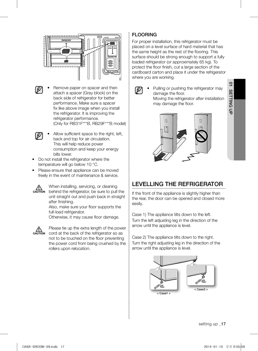 Samsung RB31FERNDWW/EF, RB30J3215SA/EF, RB31FSRNDSA/EF, RB31FEJNDWW/EF, RB31FEJNDSS/EF manual Levelling the Refrigerator 