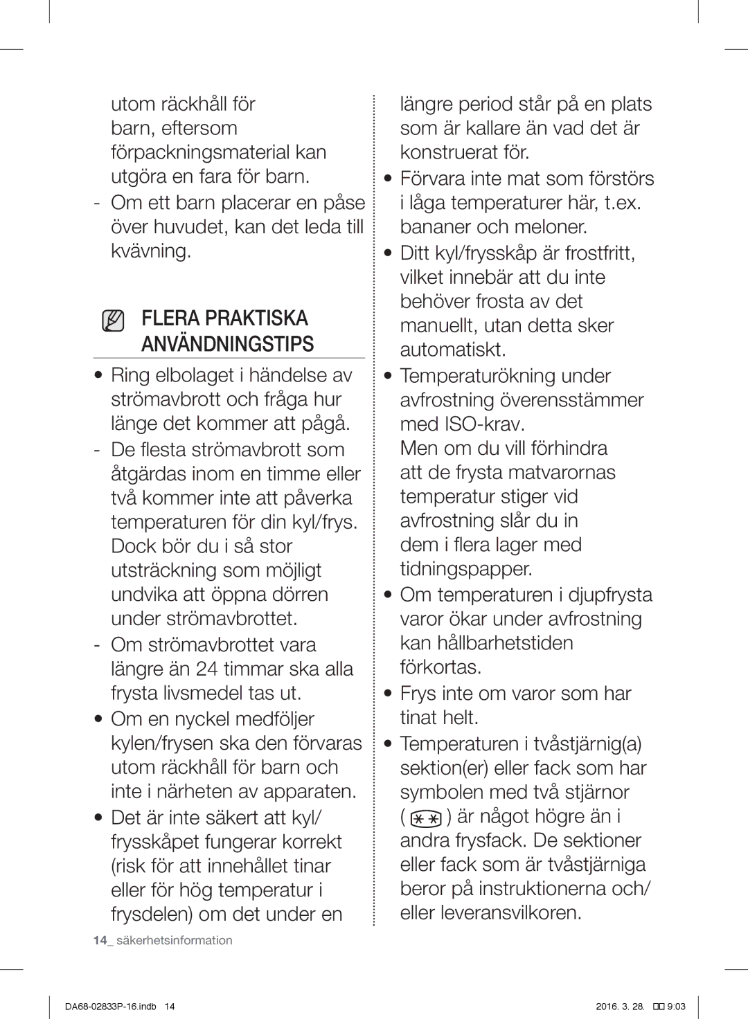 Samsung RB31HSR2DWW/EF, RB31FEJNCSS/EF, RB31FERNCWW/EF manual Flera Praktiska Användningstips, 14 säkerhetsinformation 