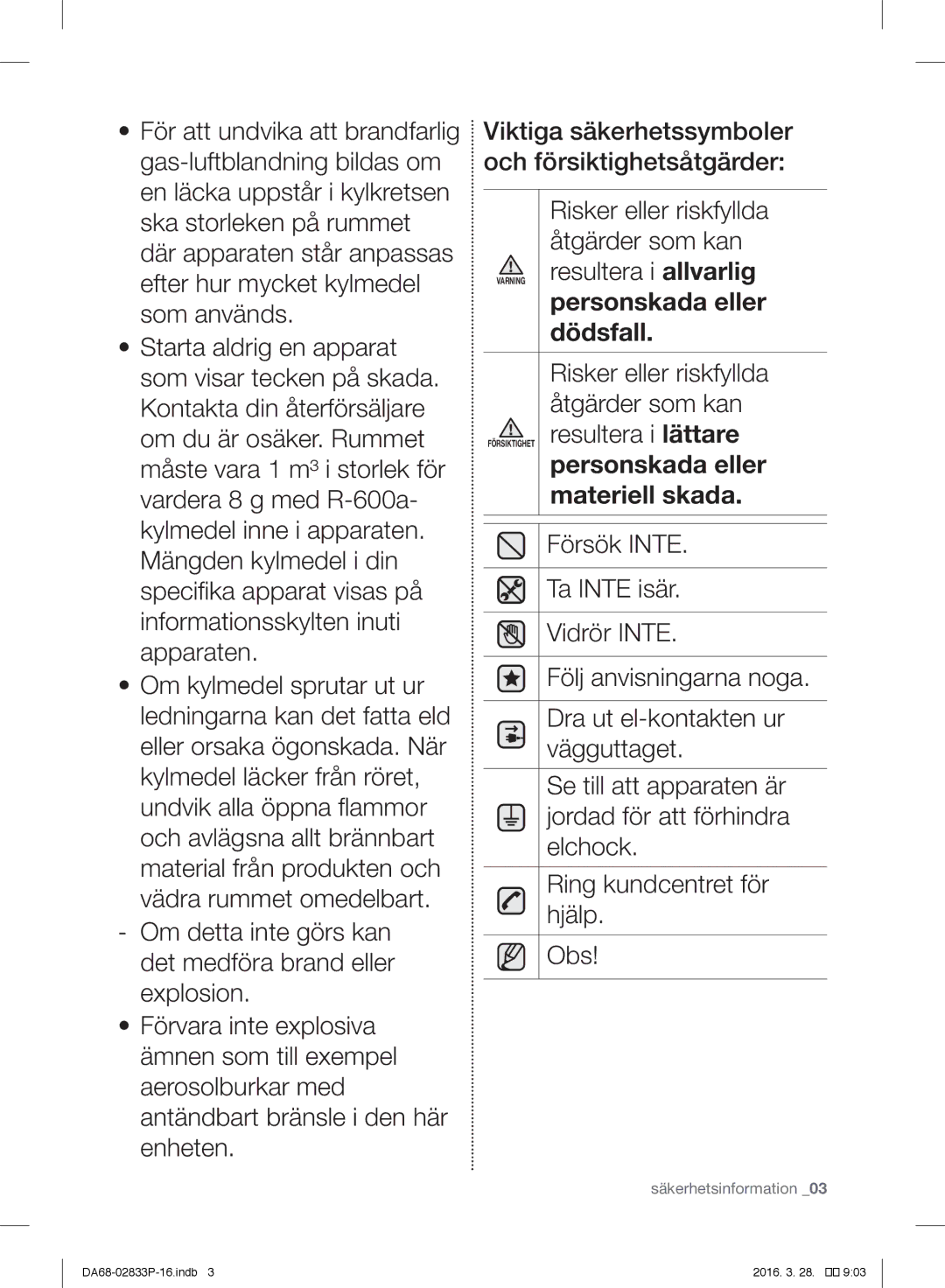 Samsung RB31FSRNDSS/EF, RB31FEJNCSS/EF, RB31FERNCWW/EF, RB31FEJNDWW/EF, RB31FEJNDSS/EF Materiell skada, Säkerhetsinformation 