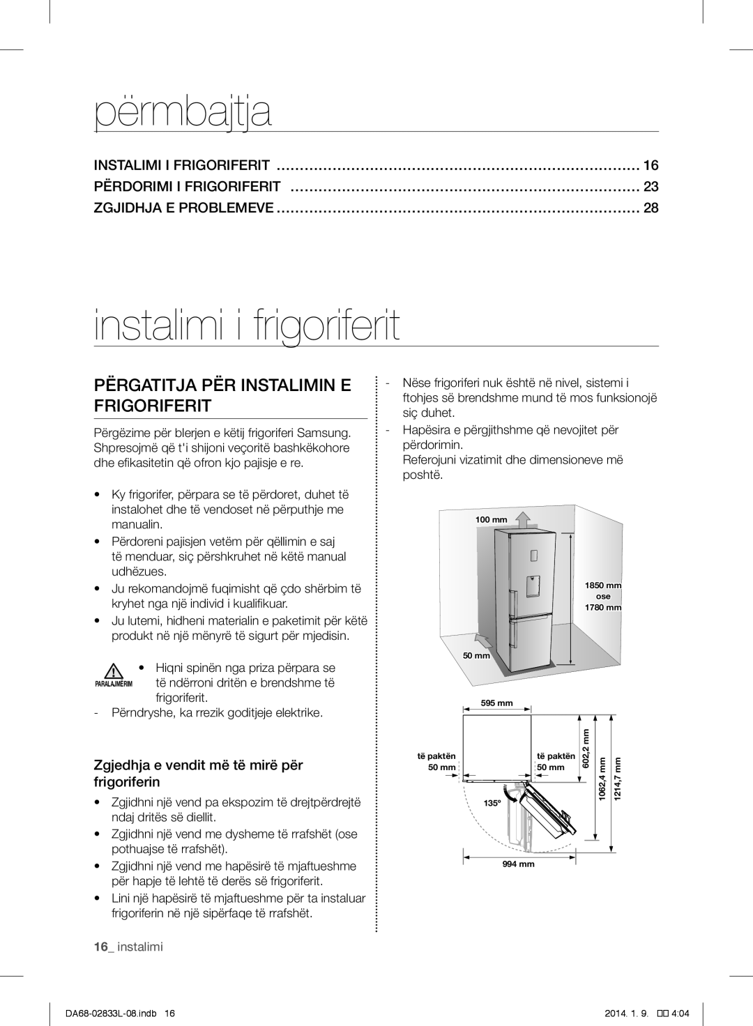 Samsung RB31FDJNDSS/EF, RB31FEJNCSS/EF manual Përmbajtja, Instalimi i frigoriferit, Përgatitja PËR Instalimin E Frigoriferit 