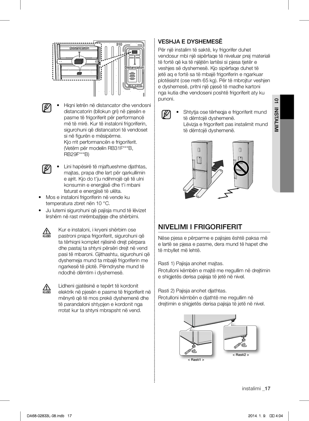 Samsung RB33J3209SA/EF, RB31FEJNCSS/EF manual Nivelimi I Frigoriferit, Për një instalim të saktë, ky frigorifer duhet 