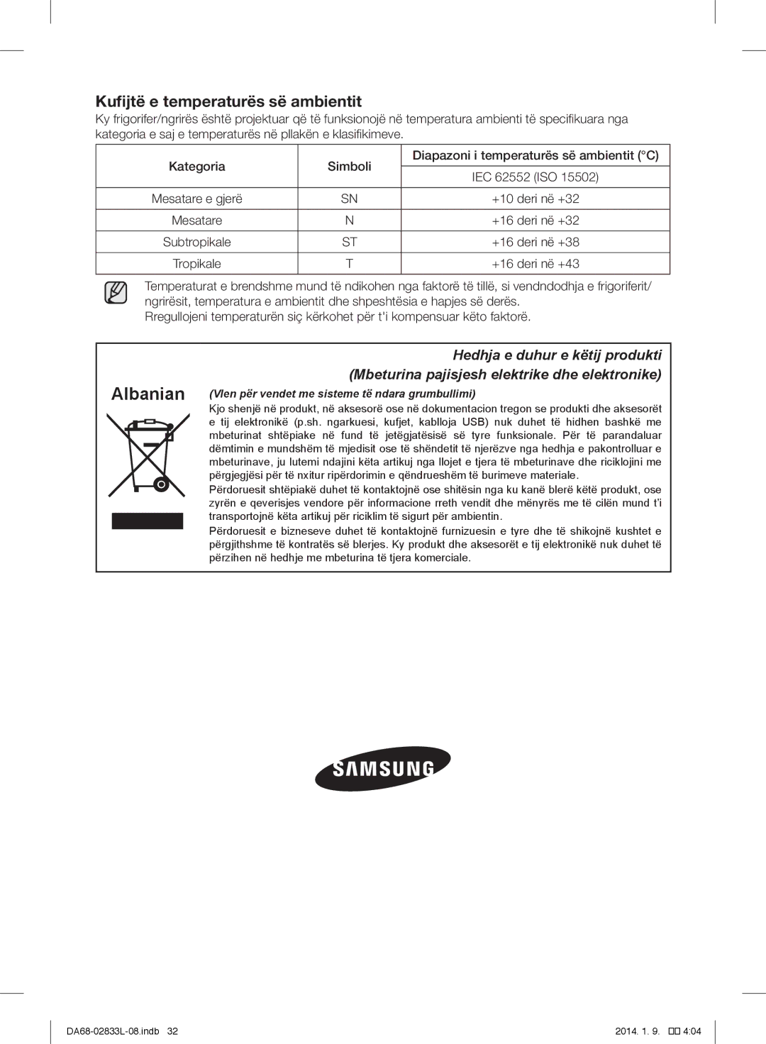 Samsung RB31FERNDWW/EF, RB31FEJNCSS/EF, RB31FSRNDSA/EF, RB31FSRNDSS/EF, RB31FEJNDSS/EF Kufijtë e temperaturës së ambientit 