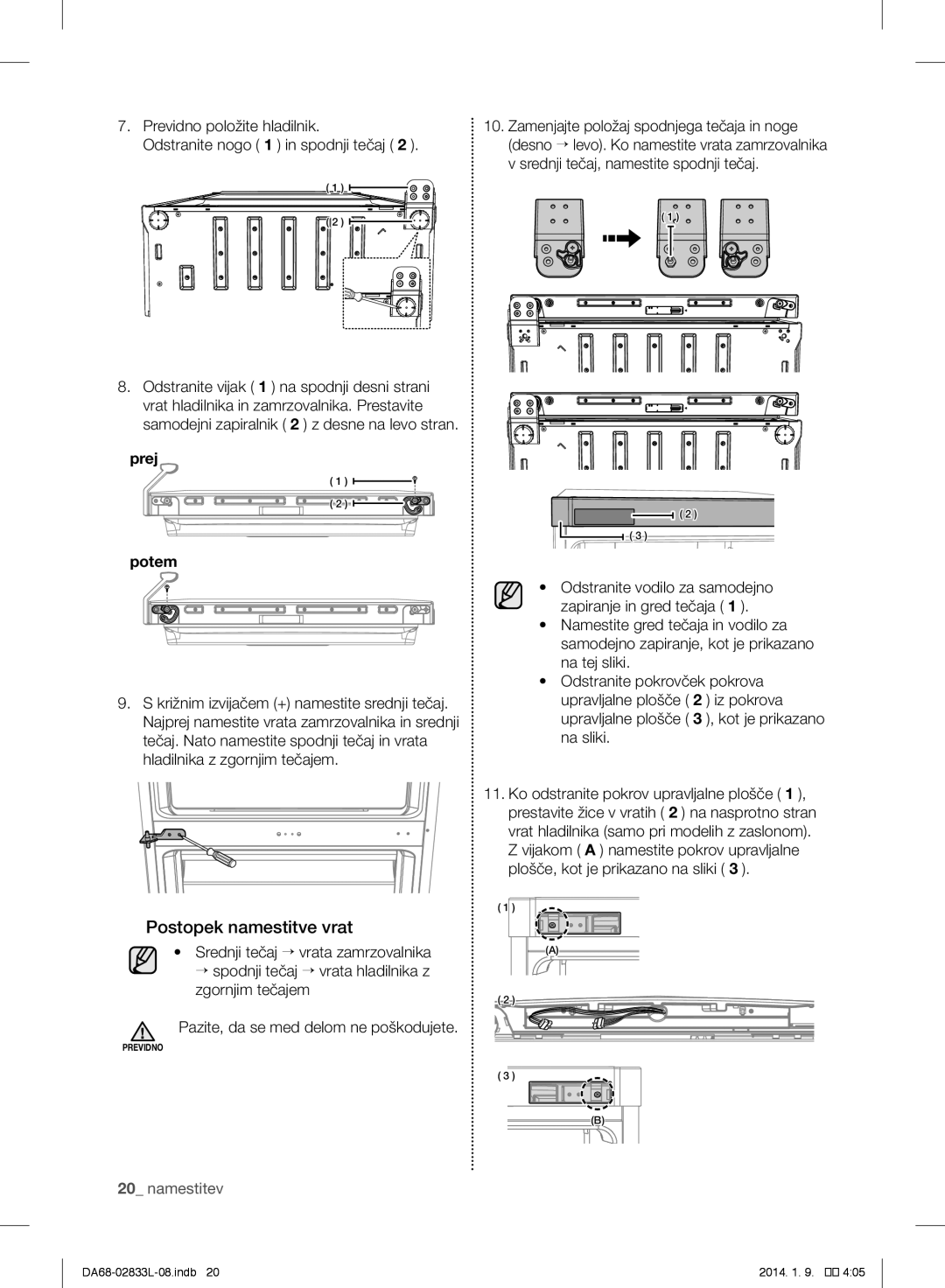 Samsung RB33J3200SS/EK, RB31FEJNCSS/EF, RB31FSRNDSA/EF, RB31FSRNDSS/EF, RB31FEJNDSS/EF Postopek namestitve vrat, Prej Potem 