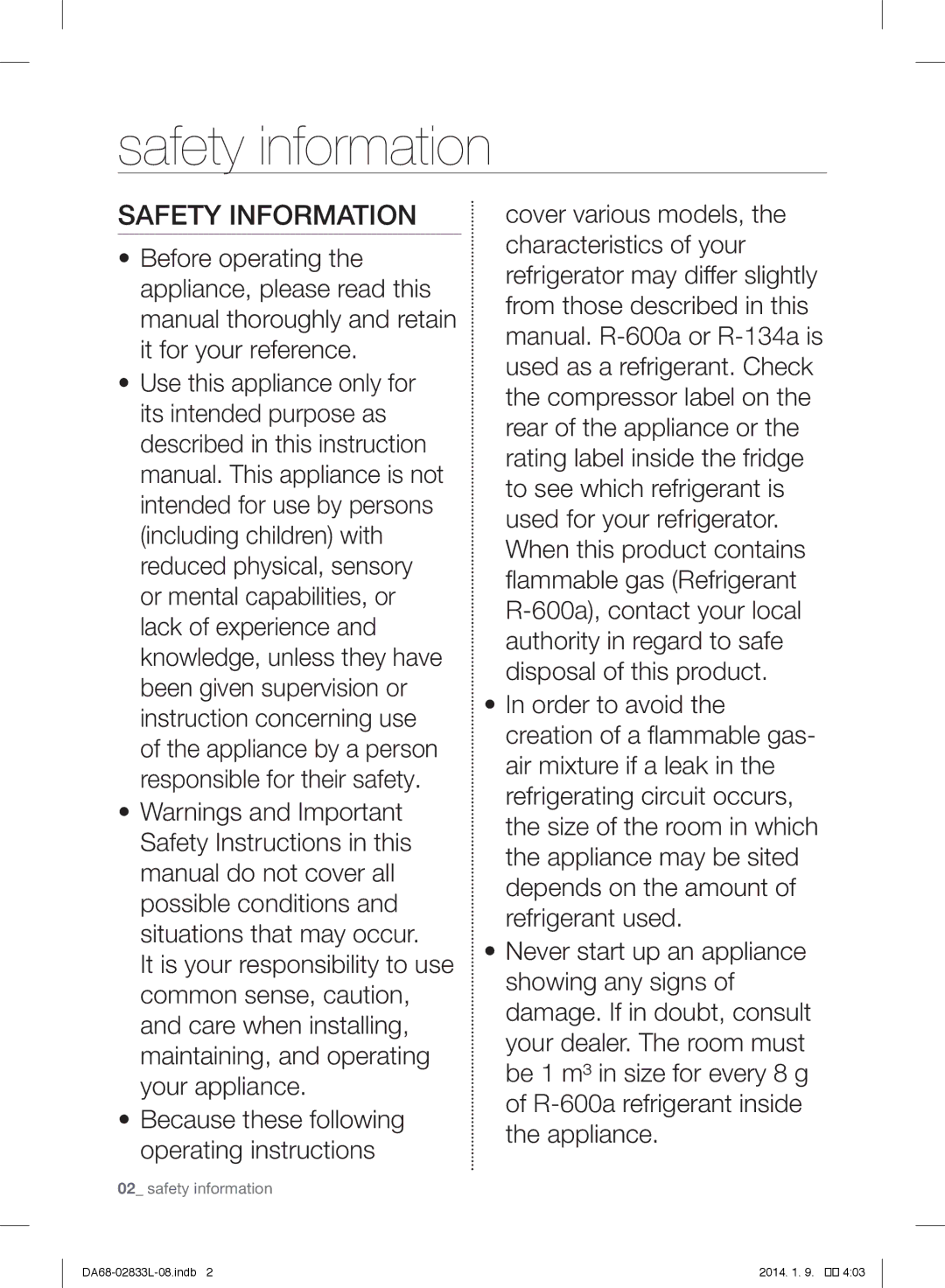 Samsung RB31FSRNDSS/EF, RB31FEJNCSS/EF, RB31FSRNDSA/EF, RB31FEJNDSS/EF, RB31FDRNDSA/EF Safety information, Safety Information 