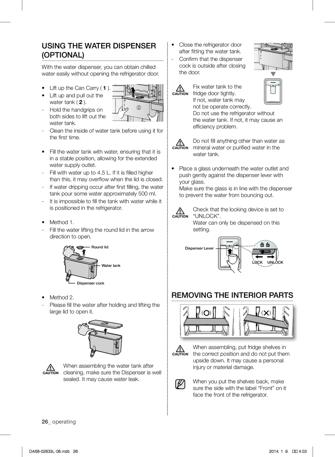 Samsung RB33J3200SA/EK, RB31FEJNCSS/EF, RB31FSRNDSA/EF manual Using the Water Dispenser Optional, Removing the Interior Parts 