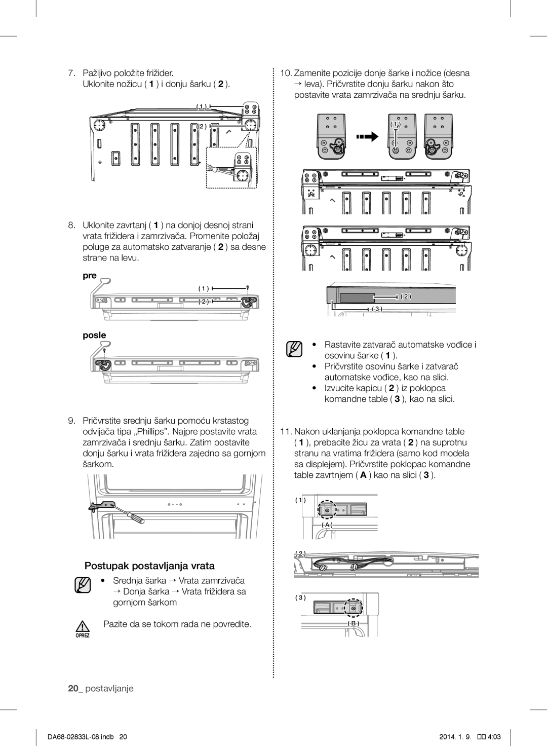 Samsung RB31FERNDWW/EF, RB31FEJNCSS/EF, RB31FSRNDSA/EF Postupak postavljanja vrata, Pazite da se tokom rada ne povredite 