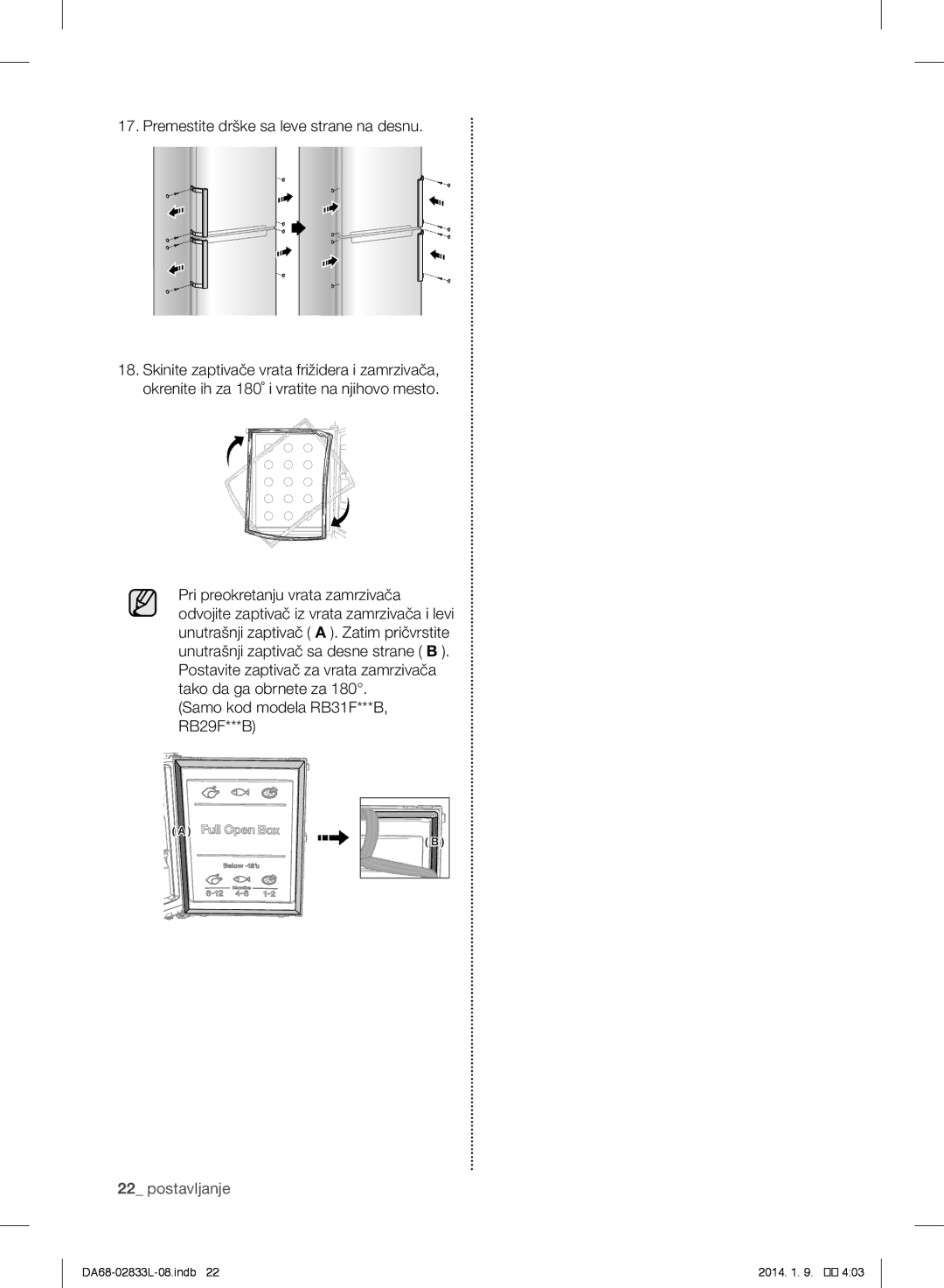 Samsung RB33J3200SA/EF, RB31FEJNCSS/EF, RB31FSRNDSA/EF, RB31FSRNDSS/EF manual Premestite drške sa leve strane na desnu 