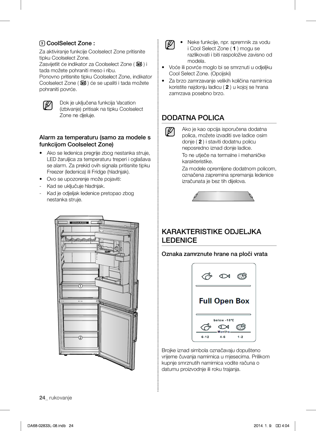 Samsung RB29FSRNDSA/EF, RB31FEJNCSS/EF manual Karakteristike Odjeljka Ledenice, Oznaka zamrznute hrane na ploči vrata 