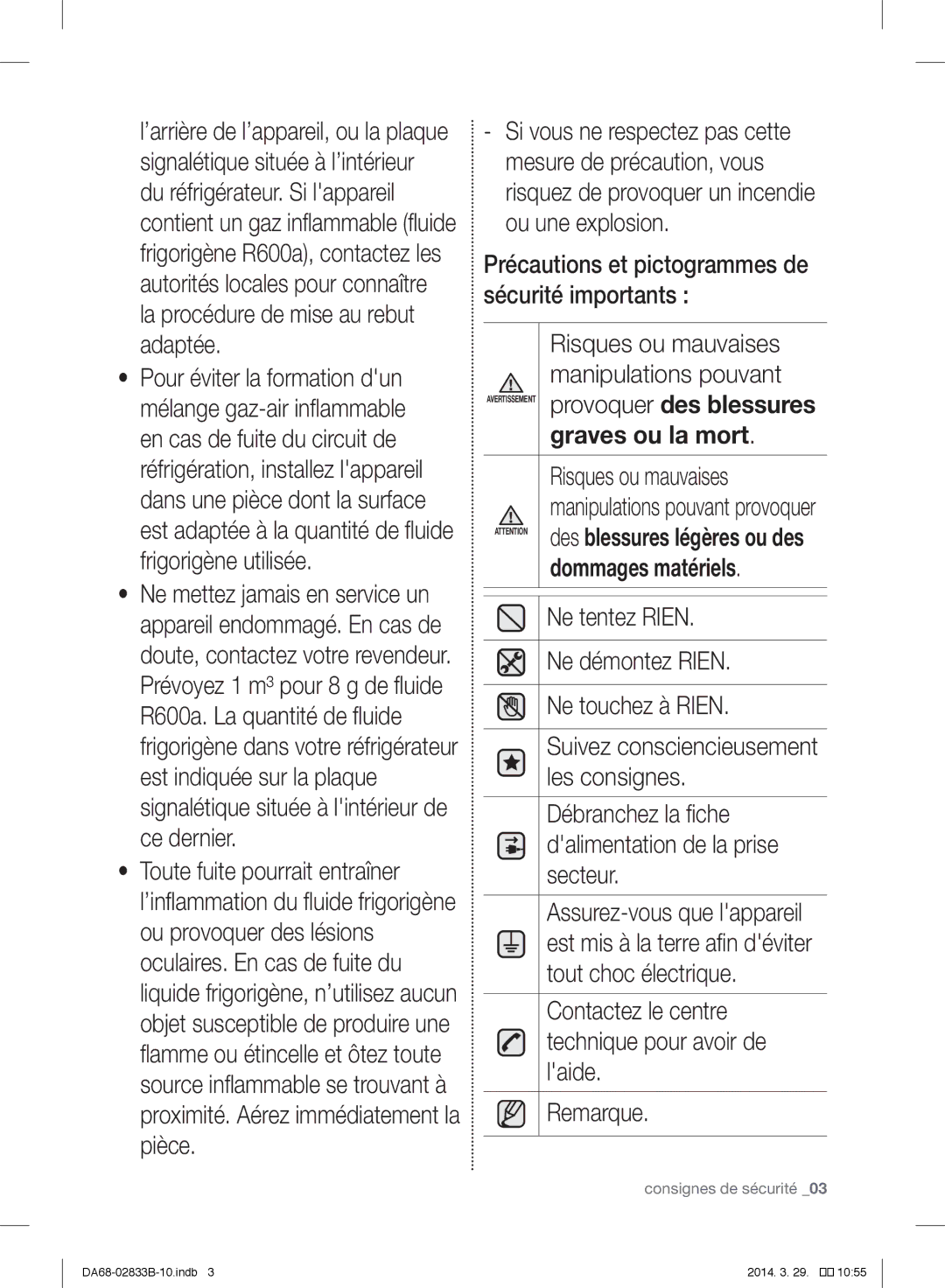 Samsung RB29FERNCSA/EF Ne tentez Rien, Ne démontez Rien, Ne touchez à Rien, Les consignes, Débranchez la fiche, Secteur 