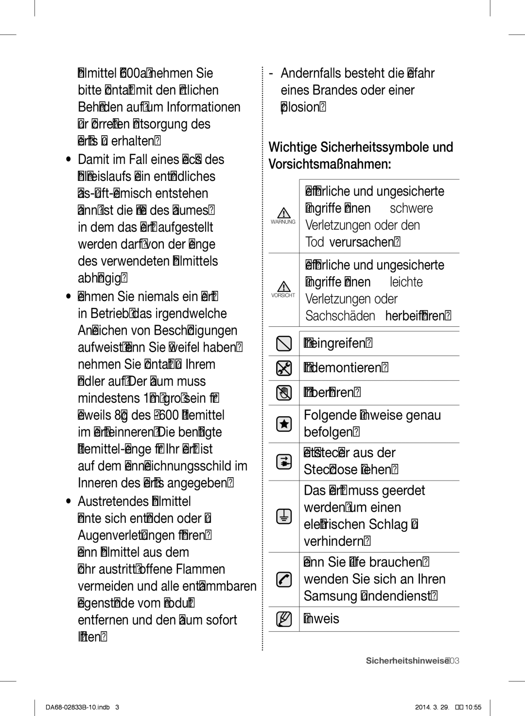 Samsung RB33J3315WW/EF Tod verursachen, Eingriffe können leichte, Nicht eingreifen, Nicht demontieren, Nicht berühren 