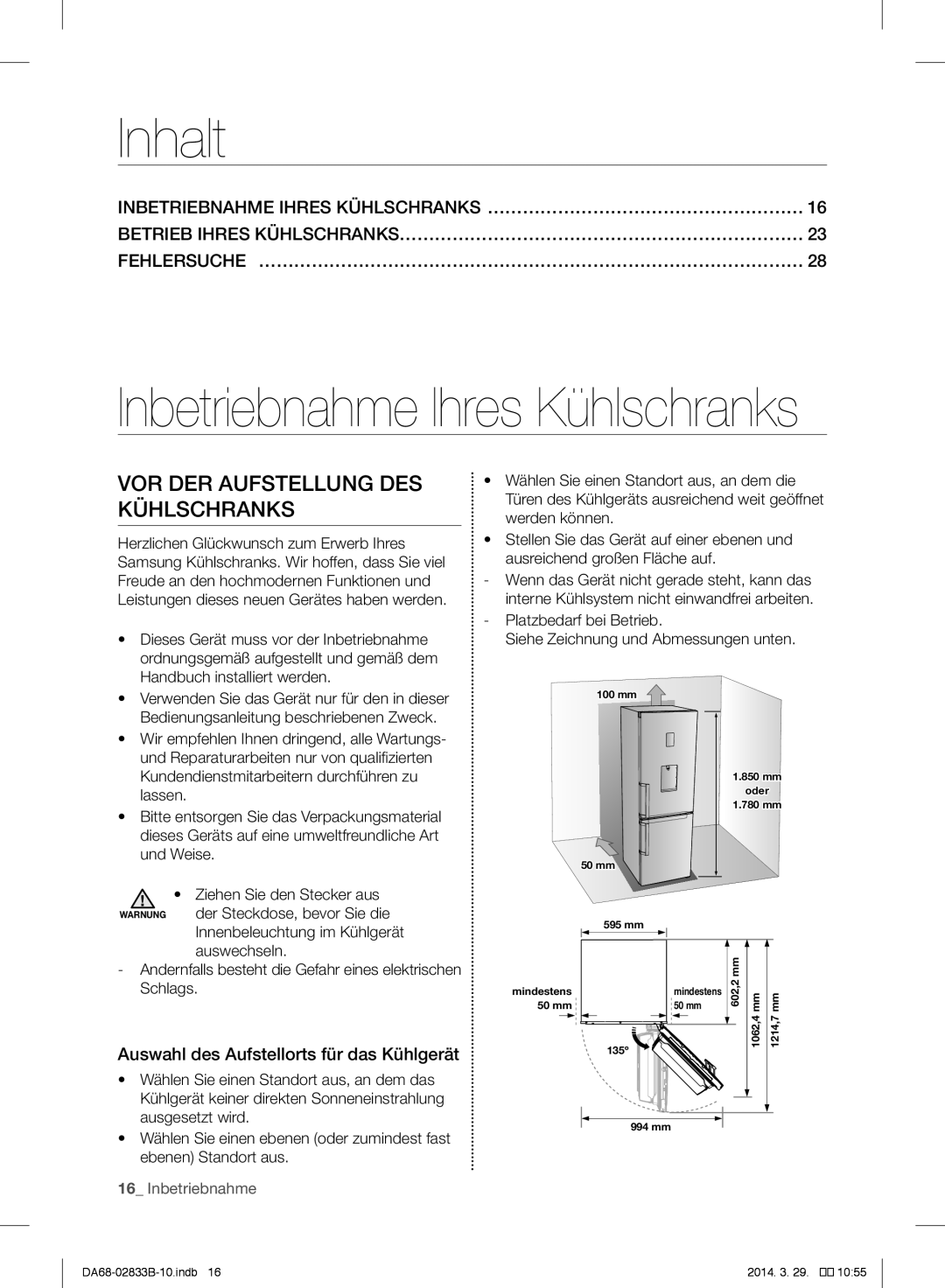 Samsung RB30J3000SA/EF manual Inhalt, VOR DER Aufstellung DES Kühlschranks, Auswahl des Aufstellorts für das Kühlgerät 