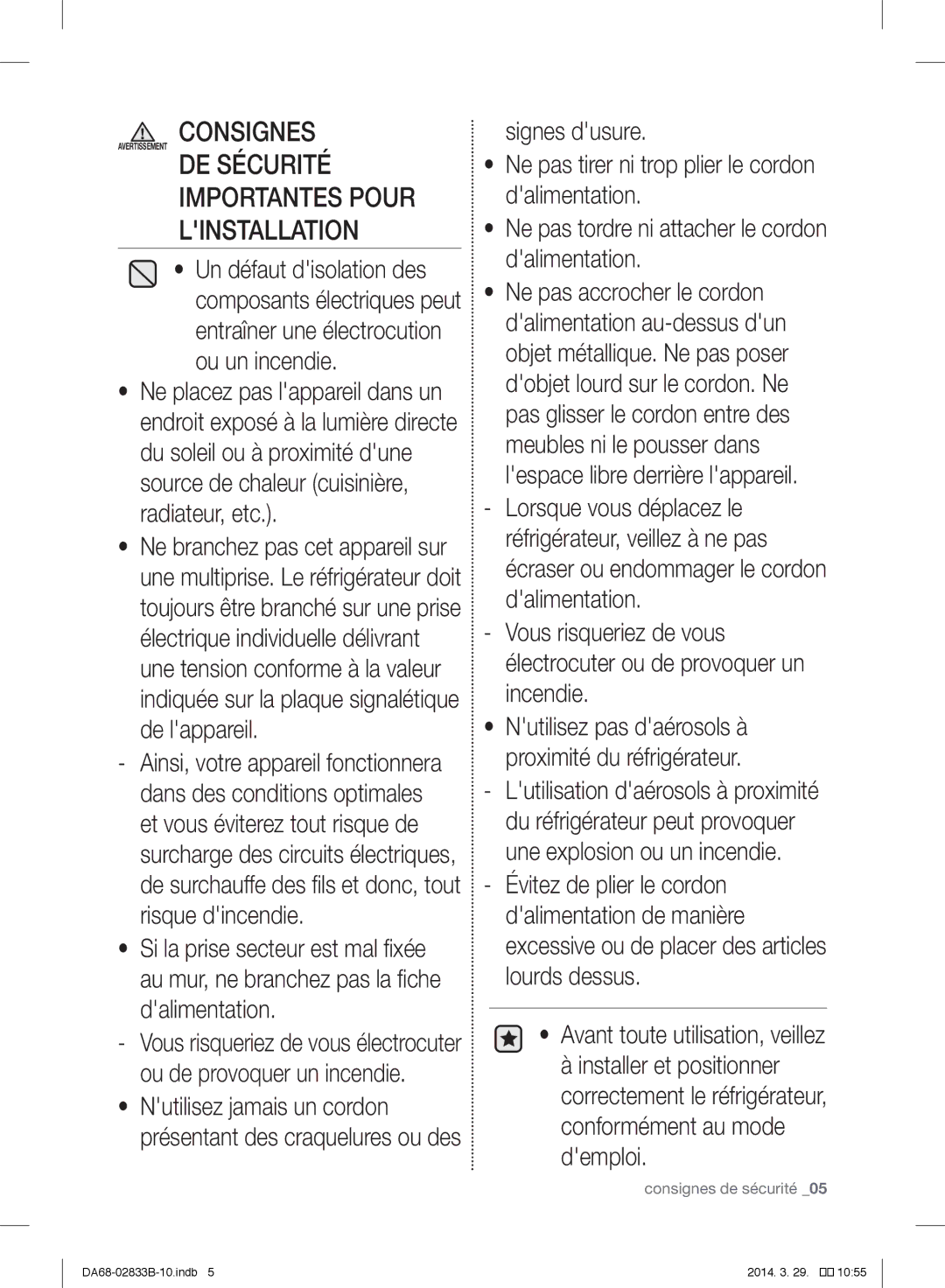 Samsung RB29FSJNDWW/EF, RB31FERNBWW/EF, RB31FEJNBWW/EF, RB29HSR2DWW/EF manual Consignes, Importantes Pour Linstallation 