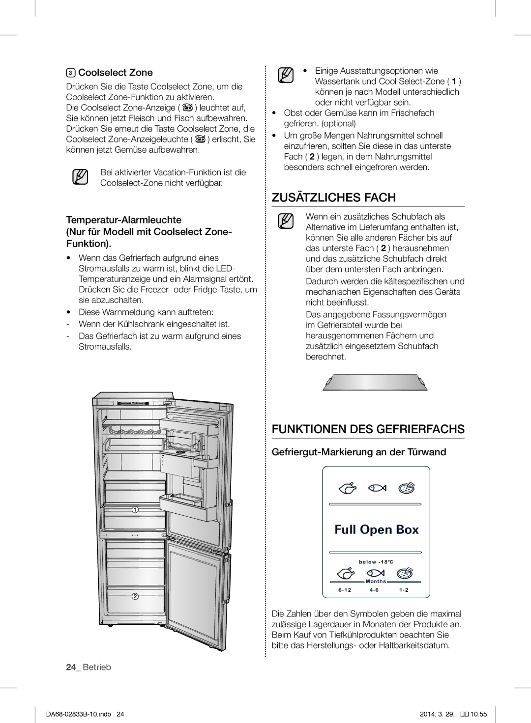 Samsung RB29HSR2DSA/EF manual Zusätzliches Fach, Funktionen DES Gefrierfachs, Gefriergut-Markierung an der Türwand 