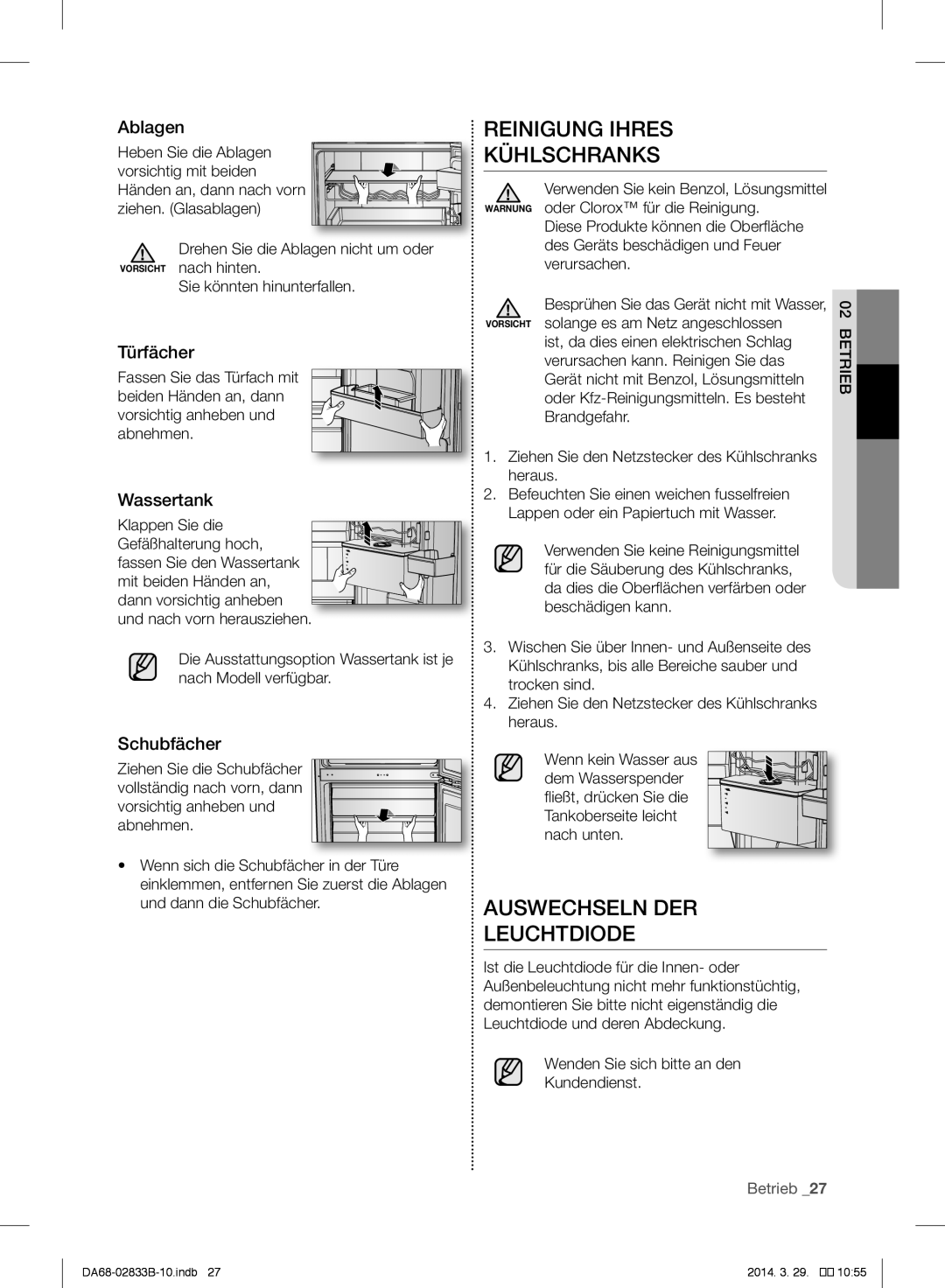 Samsung RB29FSJNDSS/EF, RB31FERNBWW/EF, RB31FEJNBWW/EF manual Reinigung Ihres Kühlschranks, Auswechseln DER Leuchtdiode 