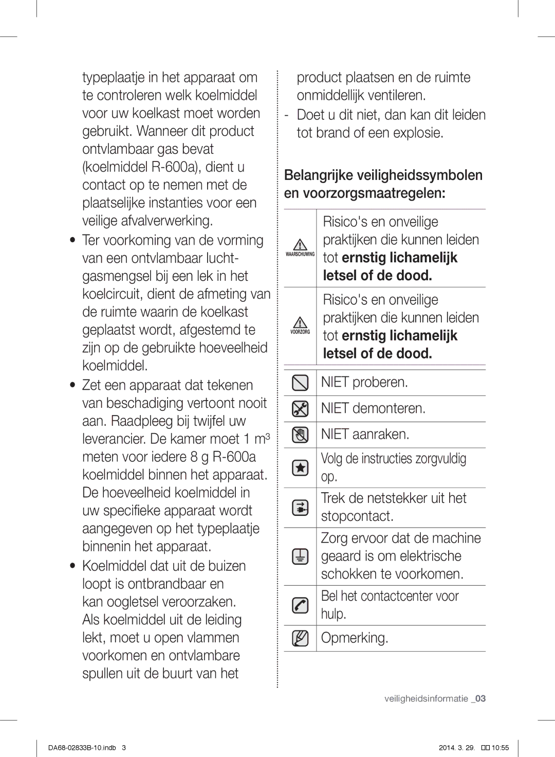 Samsung RB29FEJNBSA/EF manual Niet proberen, Niet demonteren, Niet aanraken, Trek de netstekker uit het, Stopcontact, Hulp 