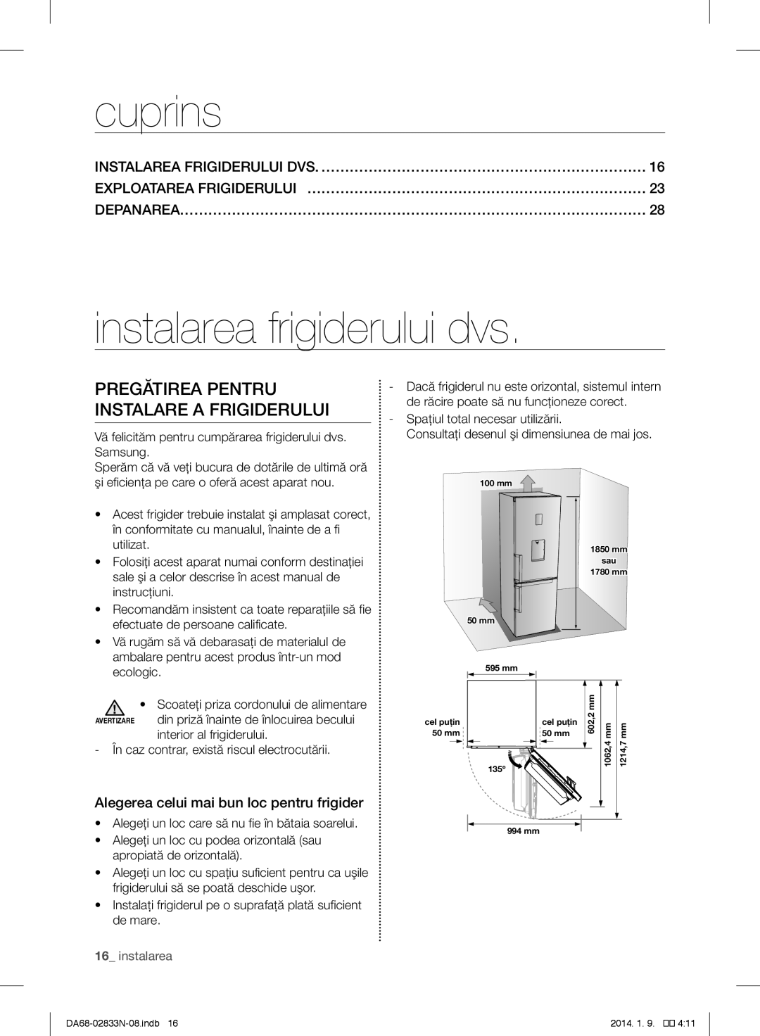 Samsung RB31FERNDEF/EF, RB33J3030SA/EF Cuprins, Instalarea frigiderului dvs, Pregătirea Pentru Instalare a Frigiderului 