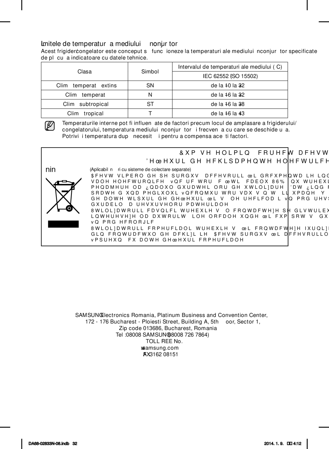 Samsung RB31FERNDEF/EF, RB33J3030SA/EF, RB31FDRNDSA/EF Limitele de temperatură a mediului înconjurător, Climă temperată 