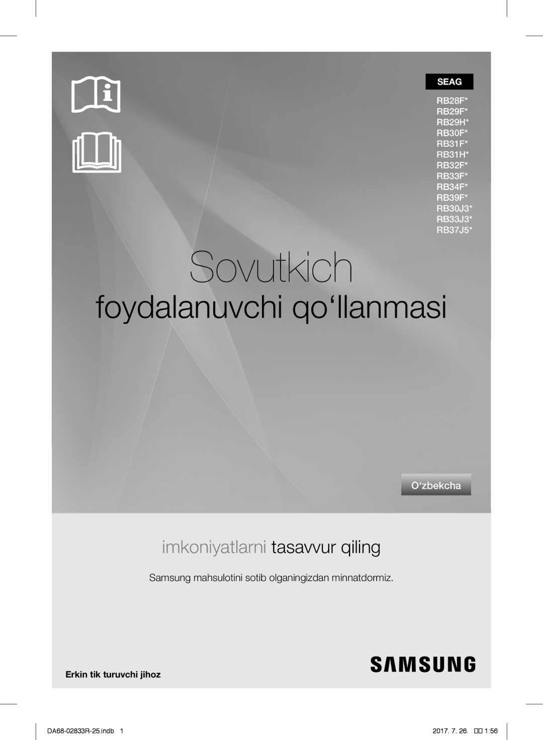 Samsung RB31FERNDSS/WT, RB31FSRNDSA/EF, RB31FSRNDSS/EF manual Sovutkich, Samsung mahsulotini sotib olganingizdan minnatdormiz 