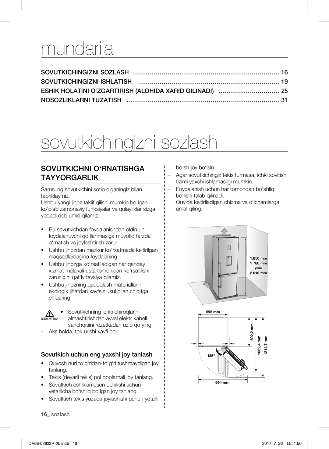 Samsung RB30FEJNDSA/WT manual Sovutkichni O‘RNATISHGA Tayyorgarlik, Nosozliklarni TUZATISH… ………………………………………………………………… 