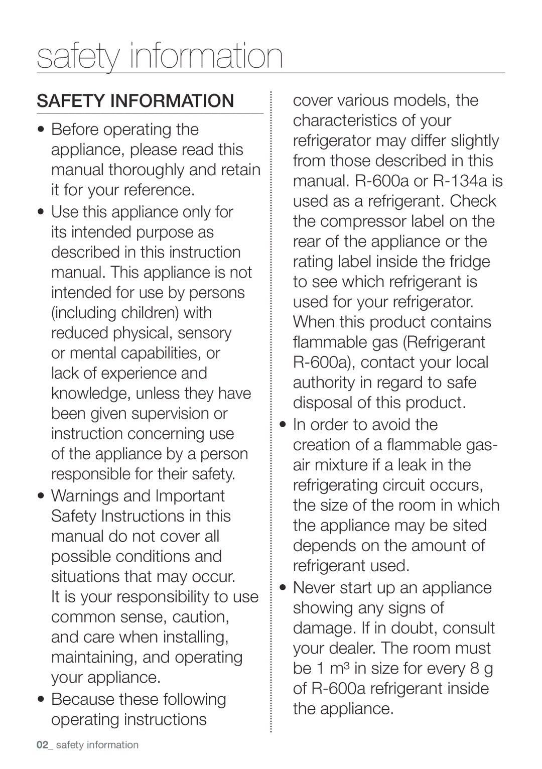 Samsung RB29FSRNDWW/EF, RB31FSRNDSS/EF, RB30J3000WW/EF, RB29FERNDWW/EF, RB30J3000WW/EK Safety information, Safety Information 