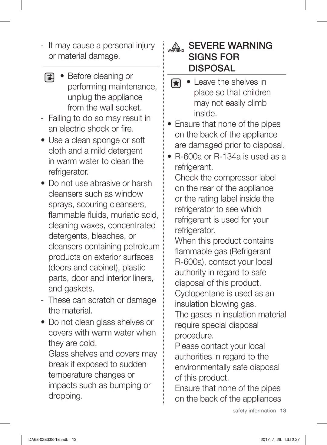 Samsung RB33J3200SA/EK manual Severe Warning Warning Signs for Disposal, It may cause a personal injury or material damage 