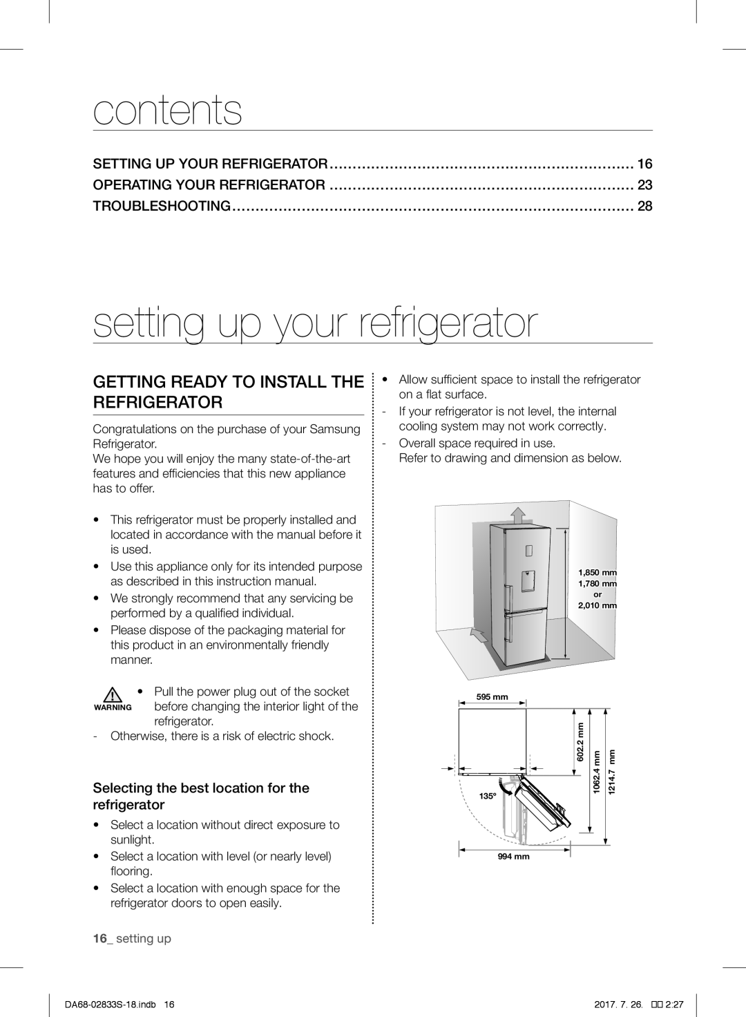 Samsung RB31FSRNDSS/EF, RB31FDRNDSA/EF, RB31HSR2DSA/EF, RB29FSRNDWW/EF, RB29FERNDWW/EF Contents, Setting up your refrigerator 