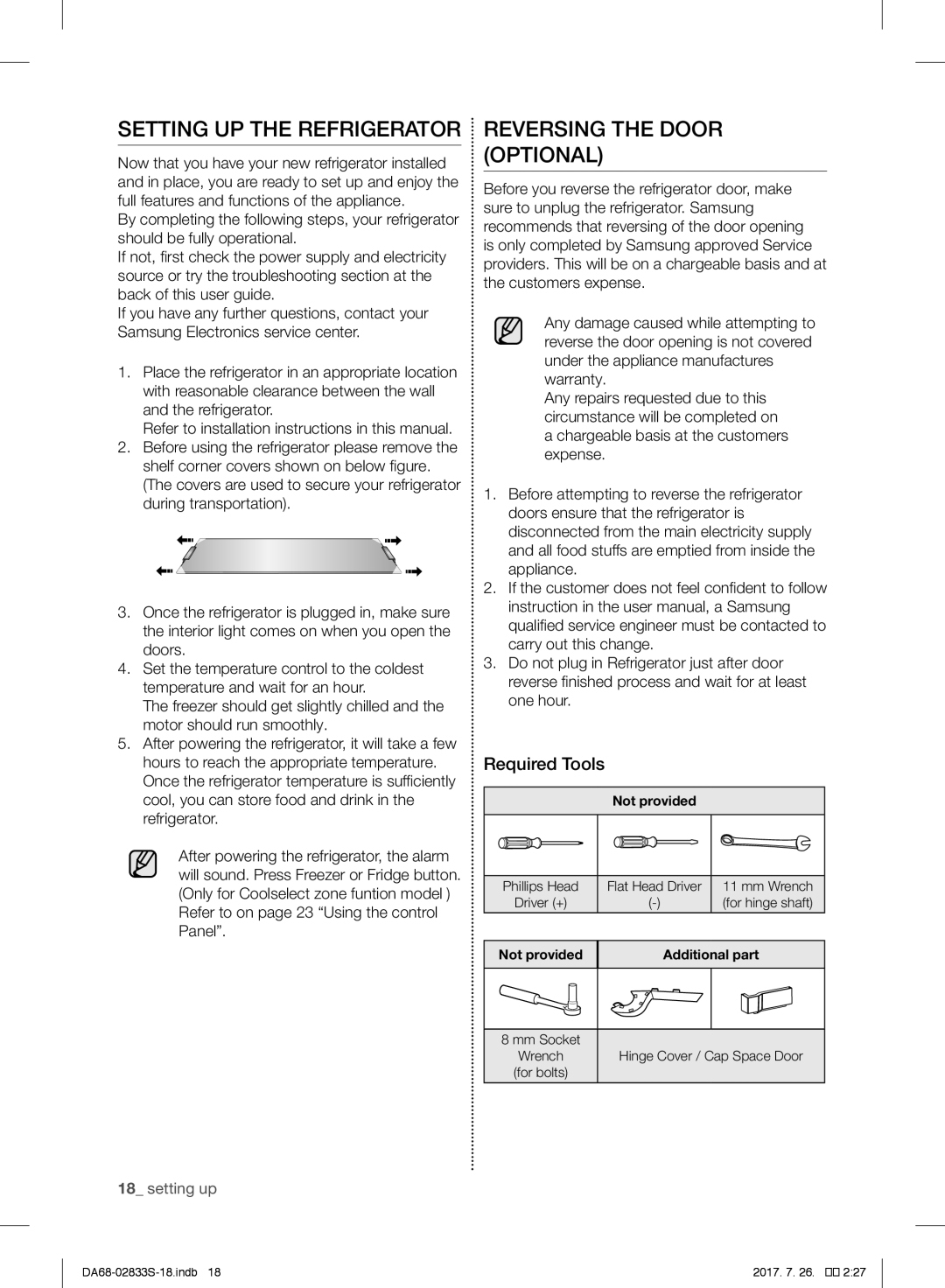 Samsung RB31HSR2DSA/EF, RB31FSRNDSS/EF manual Setting UP the Refrigerator, Reversing the Door Optional, Required Tools 