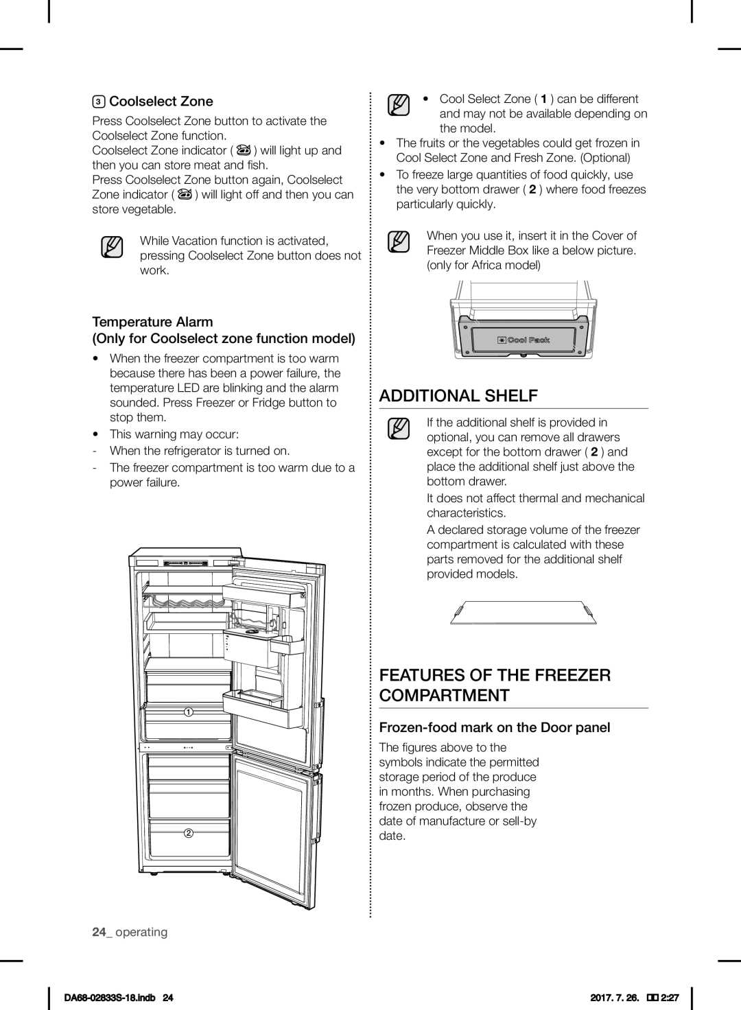 Samsung RB31FSRNDSS/EF, RB31FDRNDSA/EF manual Additional Shelf, Features of the Freezer Compartment, Coolselect Zone 