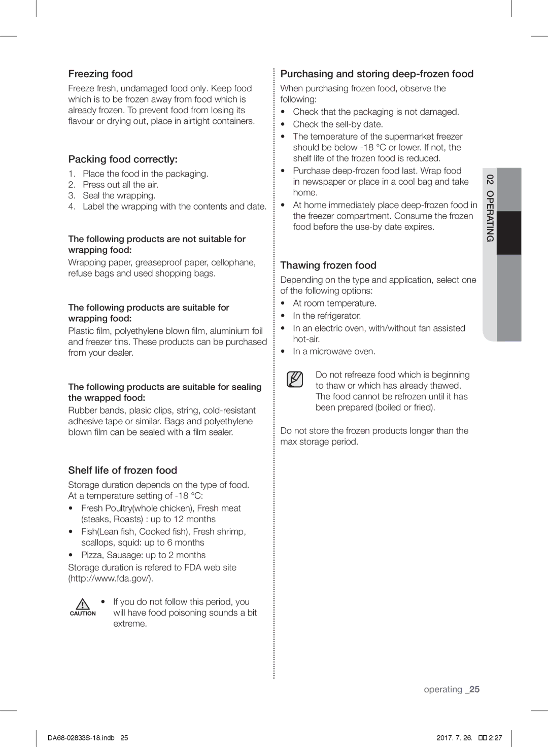 Samsung RB31FDRNDSA/EF manual Freezing food, Packing food correctly, Shelf life of frozen food, Thawing frozen food 