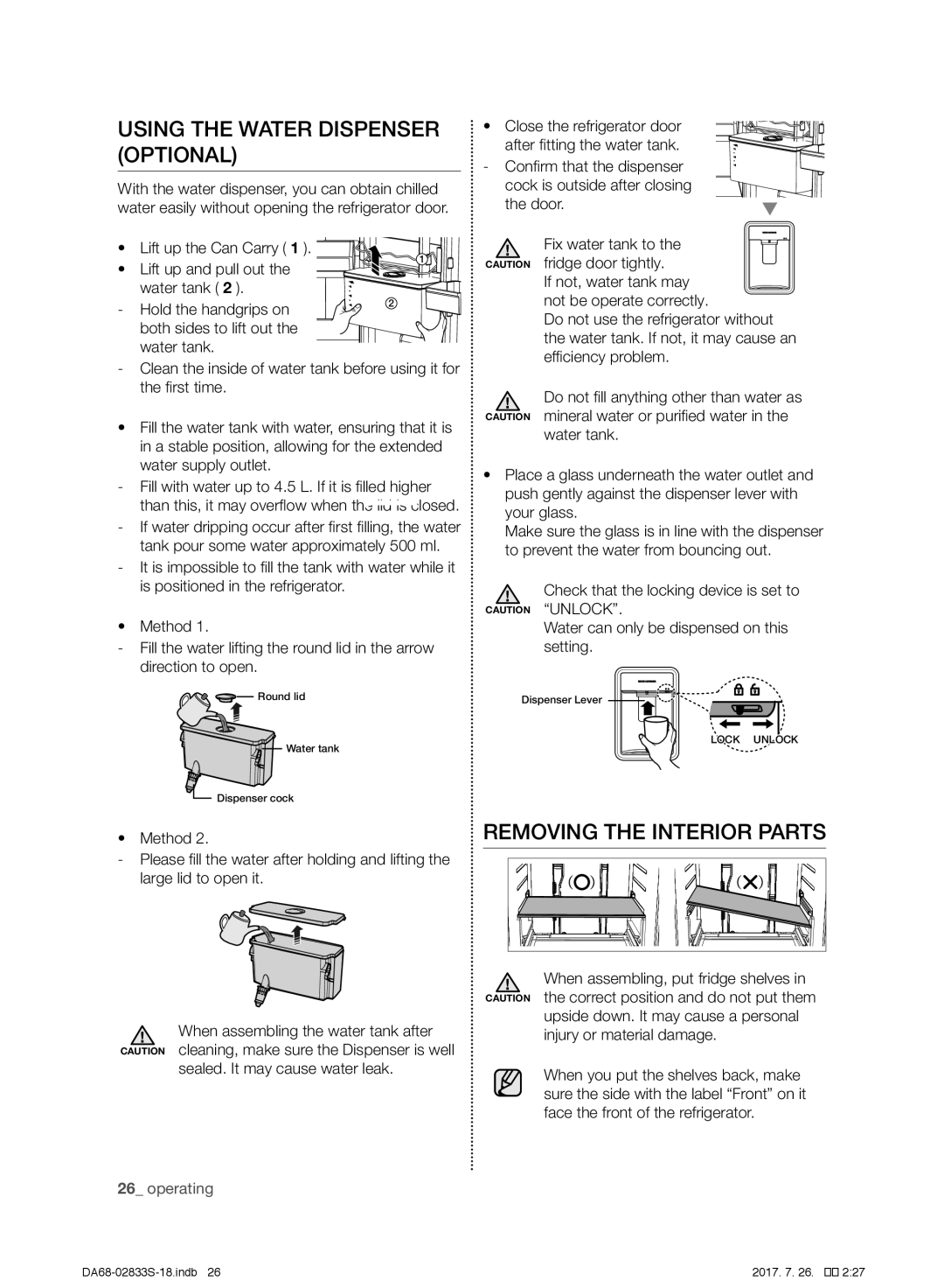 Samsung RB31HSR2DSA/EF, RB31FSRNDSS/EF, RB31FDRNDSA/EF manual Using the Water Dispenser Optional, Removing the Interior Parts 