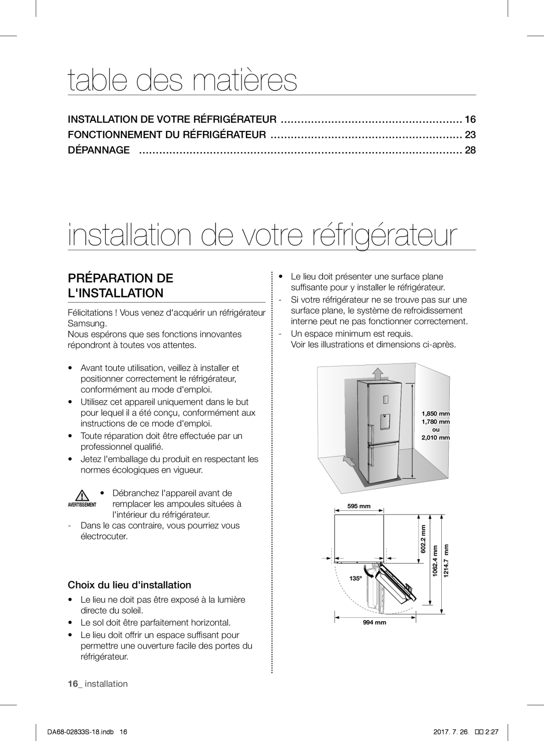 Samsung RB31FERNDWW/EL manual Table des matières, Installation de votre réfrigérateur, Préparation DE Linstallation 