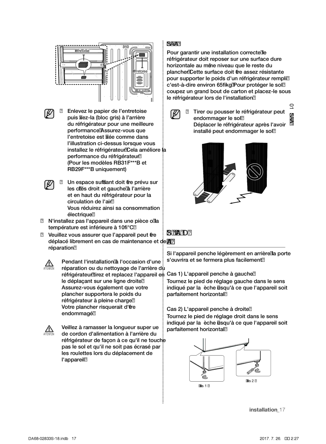 Samsung RB33J3000SA/EK, RB31FSRNDSS/EF, RB31FDRNDSA/EF, RB31HSR2DSA/EF manual Mise À Niveau DU Réfrigérateur, Installation 