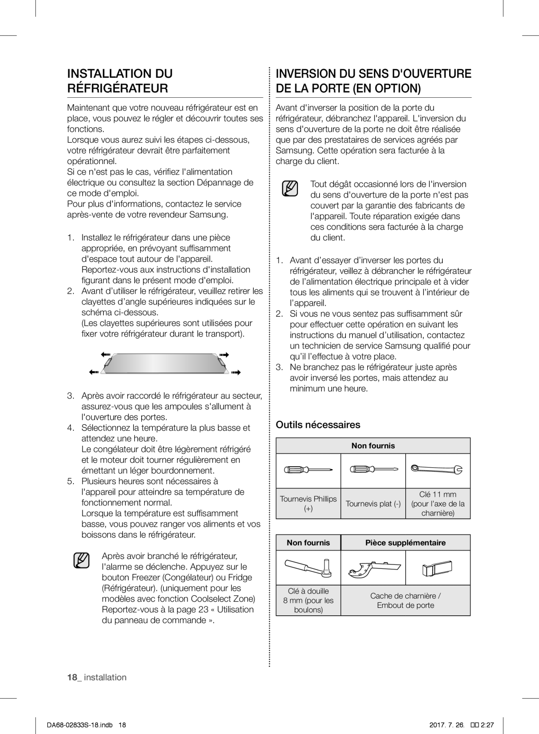 Samsung RB31FSRNDSS/EF, RB31FDRNDSA/EF, RB31HSR2DSA/EF, RB29FSRNDWW/EF Installation DU Réfrigérateur, Outils nécessaires 