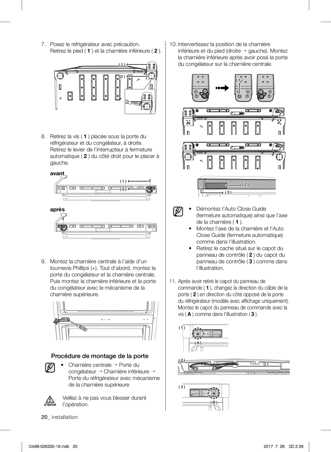 Samsung RB31HSR2DSA/EF manual Procédure de montage de la porte, Posez le réfrigérateur avec précaution, Avant Après 