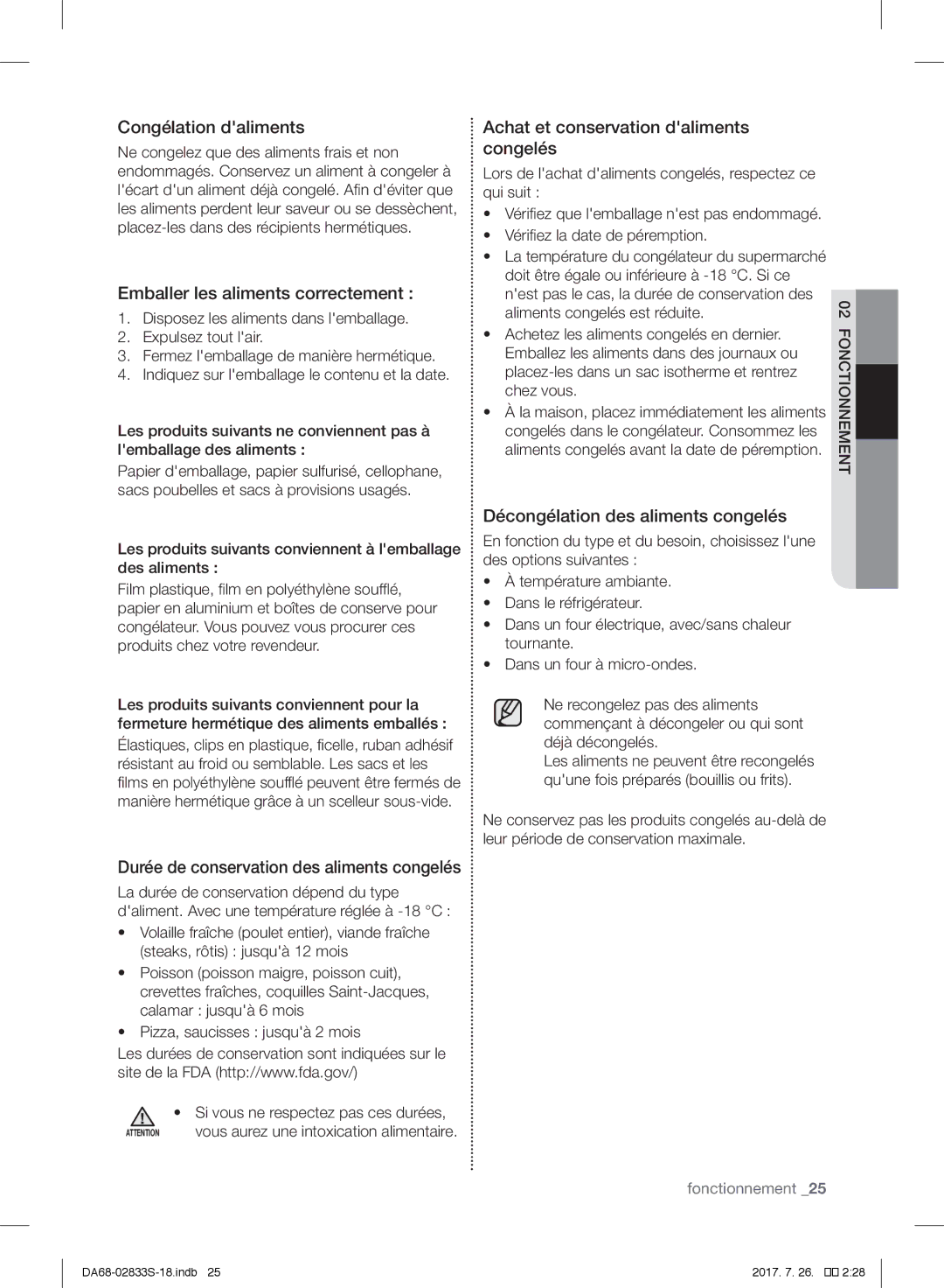 Samsung RB33J3000SA/EK Congélation daliments, Emballer les aliments correctement, Achat et conservation daliments congelés 