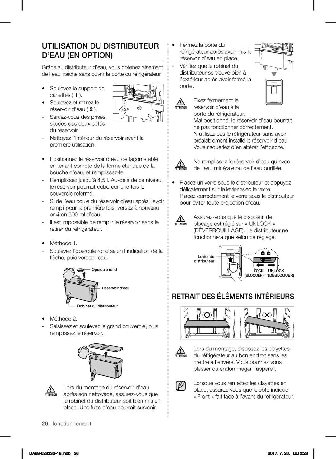 Samsung RB31FSRNDSS/EF Utilisation DU Distributeur D’EAU EN Option, Retrait DES Éléments Intérieurs, Première utilisation 