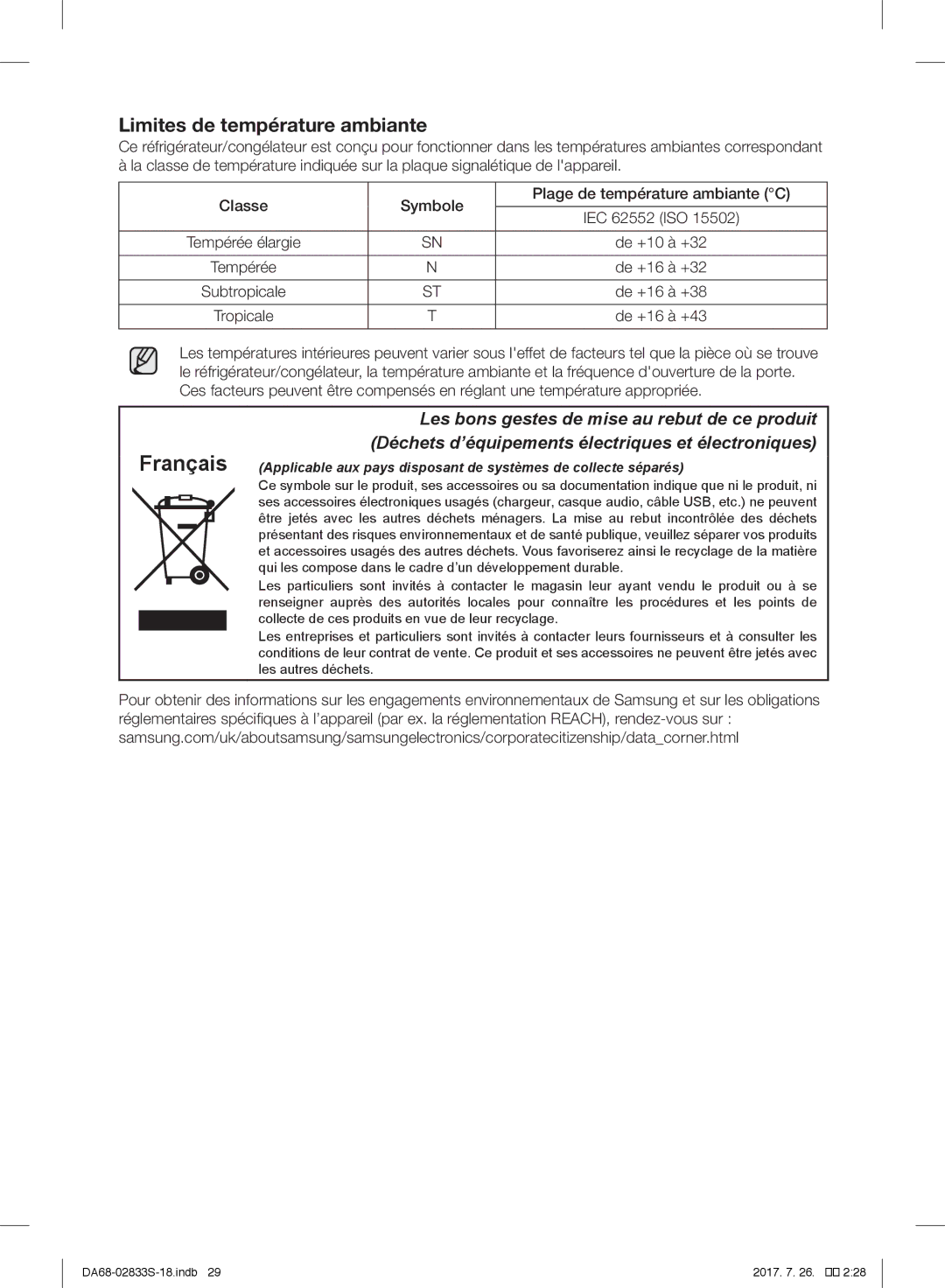 Samsung RB29FSRNDWW/EF, RB31FSRNDSS/EF, RB31FDRNDSA/EF manual De +10 à +32, De +16 à +32, De +16 à +38, De +16 à +43 