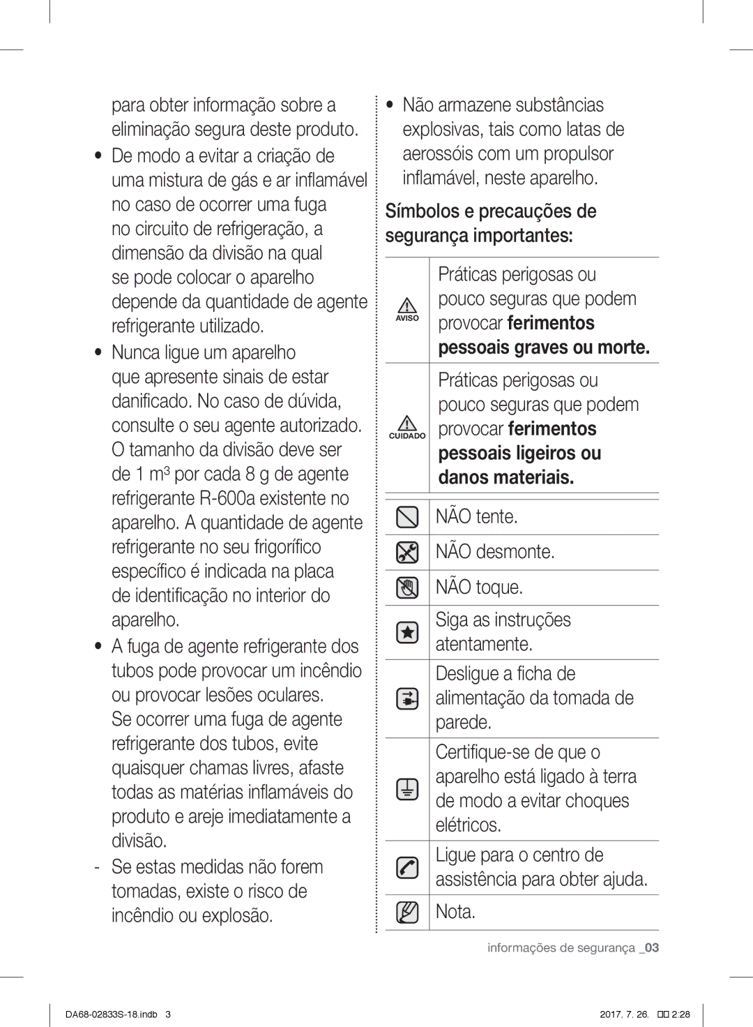 Samsung RB33J3000SA/EK Práticas perigosas ou, NÃO tente, NÃO desmonte, NÃO toque, Siga as instruções, Atentamente, Parede 