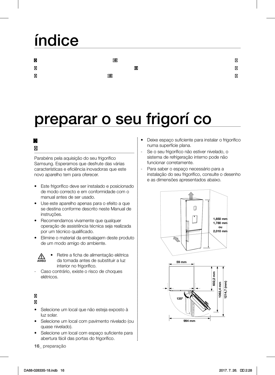 Samsung RB29FERNDWW/EF, RB31FSRNDSS/EF manual Índice, Preparar o seu frigorífico, Preparar a Instalação do Frigorífico 