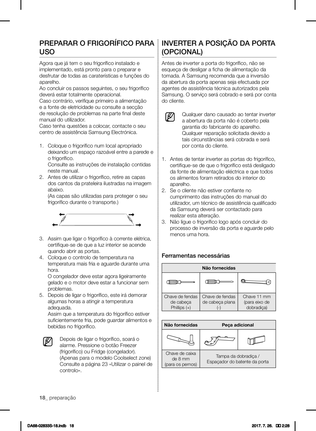 Samsung RB31FERNDWW/EL Preparar O Frigorífico Para USO, Inverter a Posição DA Porta Opcional, Ferramentas necessárias 