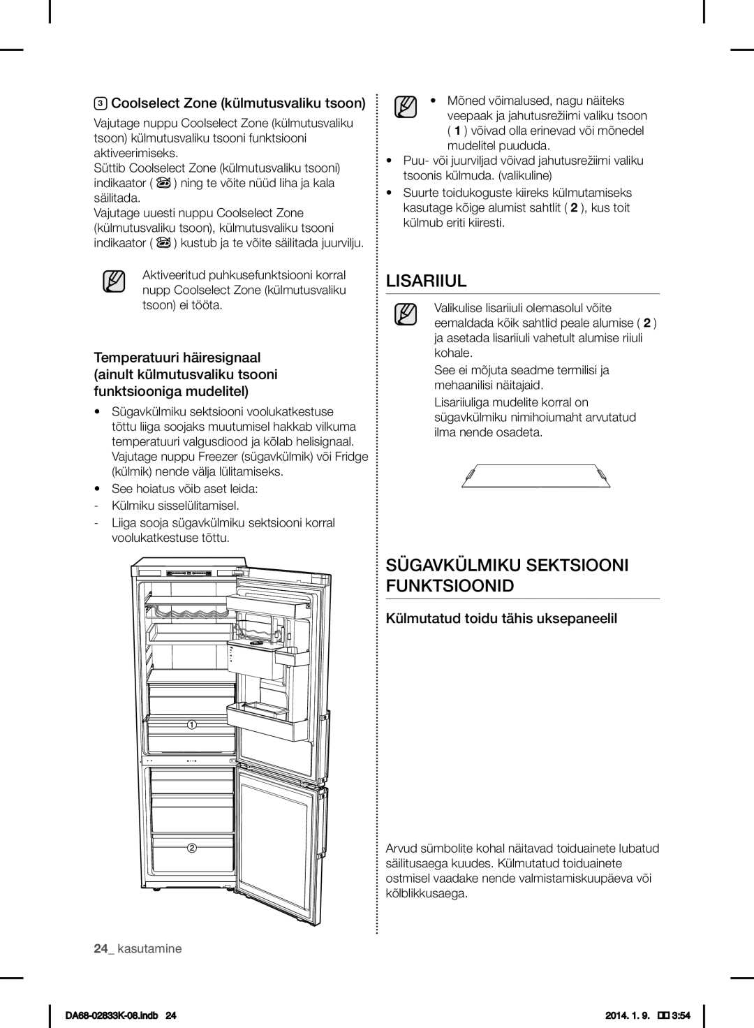 Samsung RB33J3415SS/EF manual Lisariiul, Sügavkülmiku Sektsiooni Funktsioonid, Coolselect Zone külmutusvaliku tsoon 