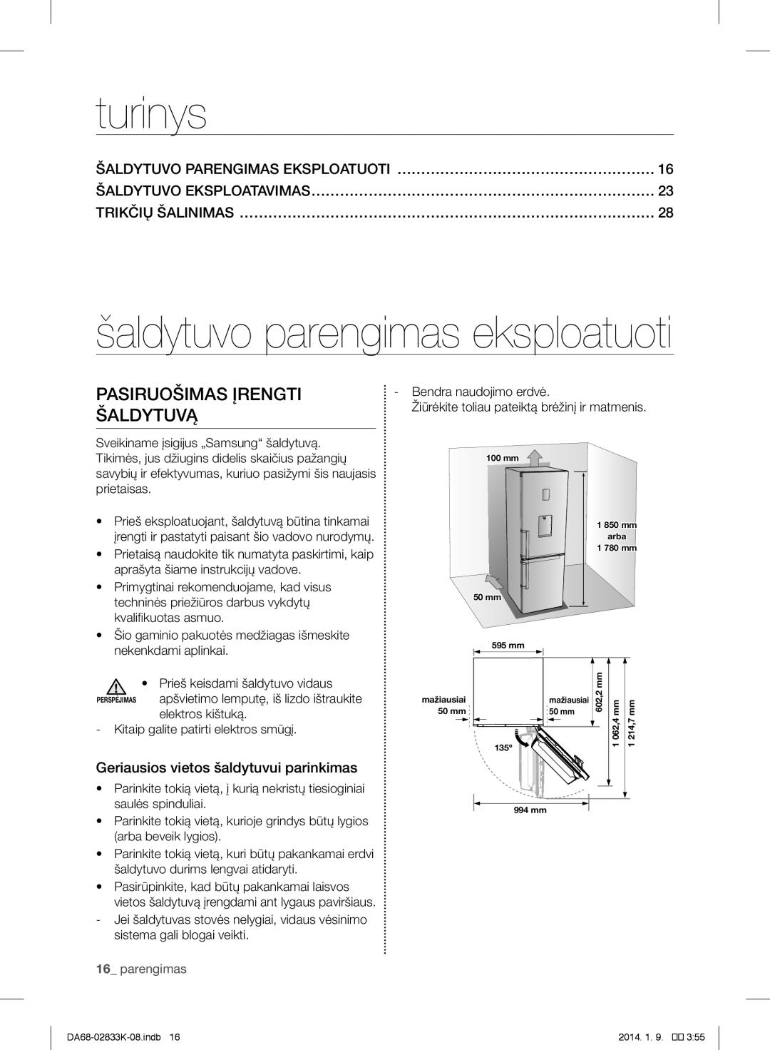 Samsung RB29FERNCWW/EF, RB31HER2BSA/EF manual Turinys, Šaldytuvo parengimas eksploatuoti, Pasiruošimas Įrengti Šaldytuvą 