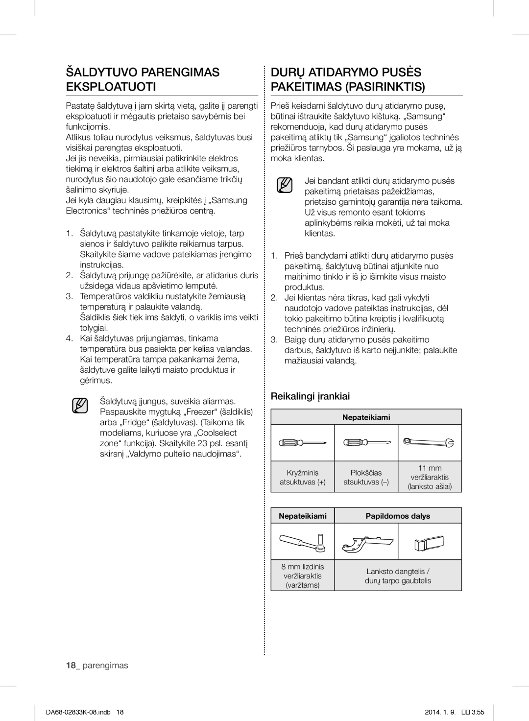 Samsung RB29FSRNDWW/EF Šaldytuvo Parengimas Eksploatuoti, Durų Atidarymo Pusės Pakeitimas Pasirinktis, Reikalingi įrankiai 