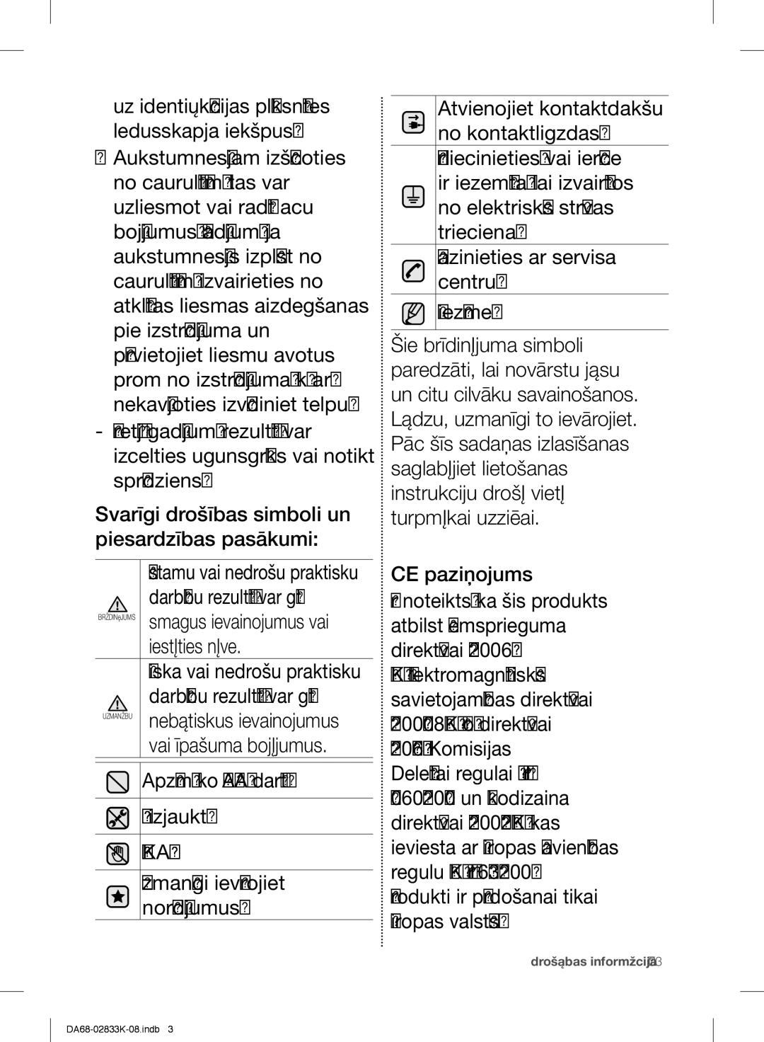 Samsung RB33J3230BC/EF, RB31HER2BSA/EF, RB29FSRNDEF/EF manual Apzīmē, ko Nevajag darīt Nemēģiniet izjaukt, CE paziņojums 