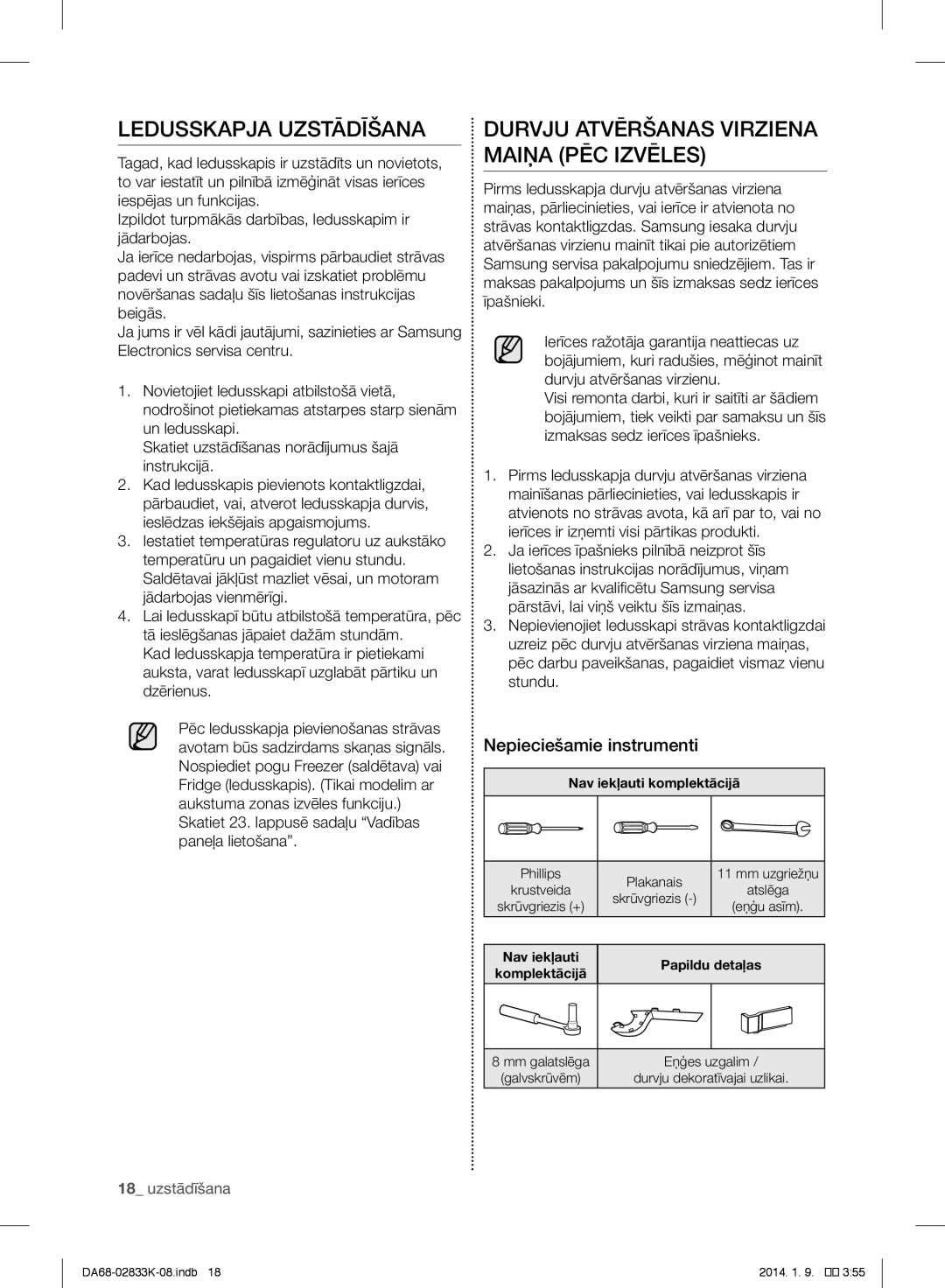 Samsung RB31FERNCSS/EF Ledusskapja Uzstādīšana, Durvju Atvēršanas Virziena Maiņa PĒC Izvēles, Nepieciešamie instrumenti 