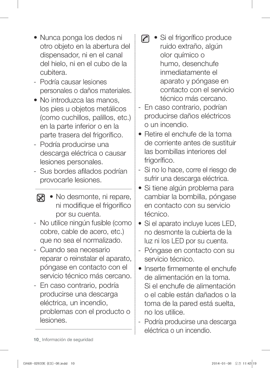 Samsung RB33J3000WW/EF, RB31HER2BSA/EF, RB31FEJNCSS/EF, RB31FERNCWW/EF Podría causar lesiones personales o daños materiales 