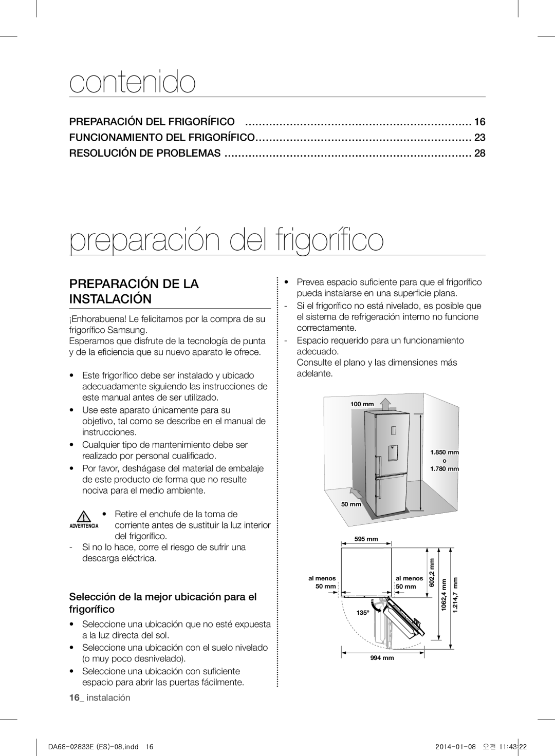 Samsung RB31HSR2DWW/EF, RB31HER2BSA/EF manual Contenido, Preparación del frigorífico, Preparación DE LA Instalación 