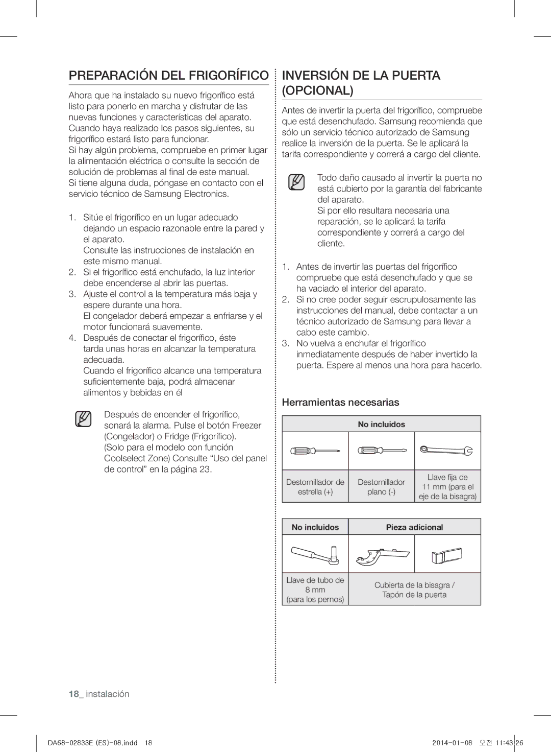 Samsung RB31FSRNDWW/EF manual Preparación DEL Frigorífico, Inversión DE LA Puerta Opcional, Herramientas necesarias 