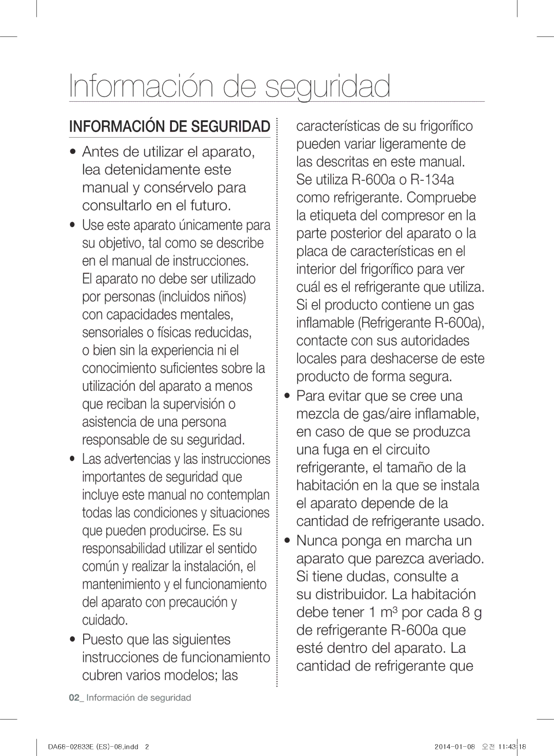 Samsung RB31FERNCWW/EF, RB31HER2BSA/EF, RB31FEJNCSS/EF, RB31FSRNDSA/EF Información de seguridad, Información DE Seguridad 